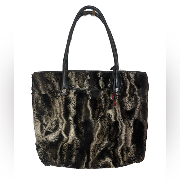 B.Makowsky Handbags - B.Makowsky Leather and  Faux Fur Tote Bag - Black and Brown